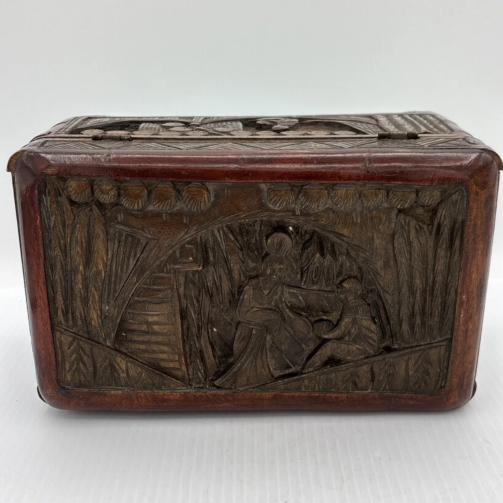 Vintage Carved Wood Jewelry Box Scene On Lid